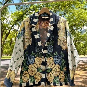 Vintage 90s Painted Pony Yellow Flowers Tapestry Blazer Jacket One Size